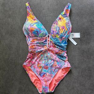 2023 Bleu Rod Beattie shirred plunge Groovy v neck Paisley pink swimsuit size 8